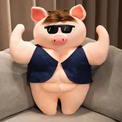 Peluche cochon bodybuildé bien habillé à lunettes