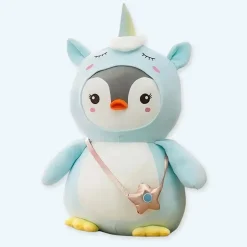 Peluche pingouin magique déguisement licorne bleu doux