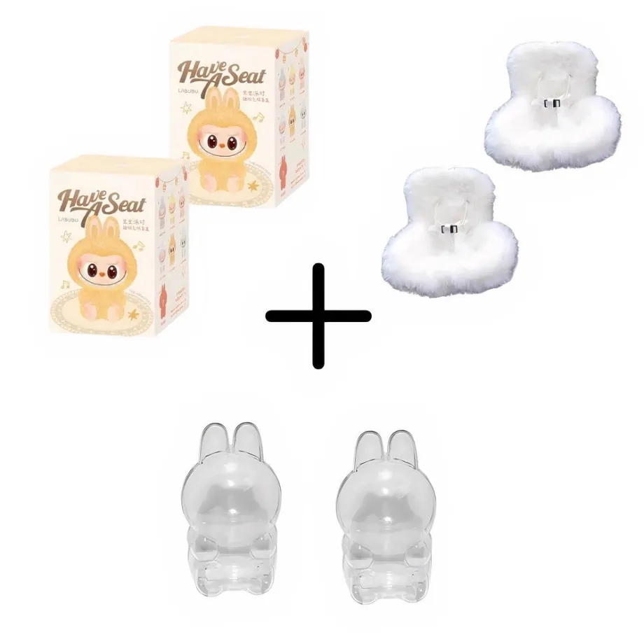 Peluche type Labubu assise boîte mystère